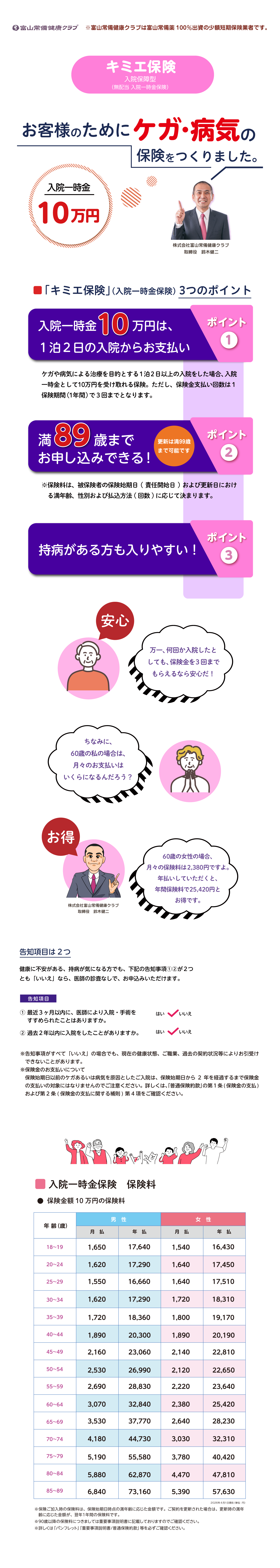 膝･関節などの特定疾患･特定損傷で1泊2日以上の入院をした場合、
    入院一時金として10万円を受け取れる保険。ただし、保険金支払い回数は1保険期間（1年間）で3回までとなります。